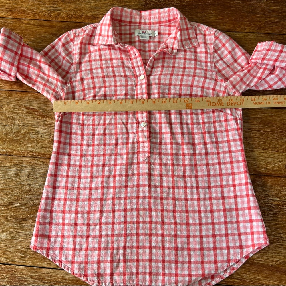 Vineyard Vines Red Pink Gingham Linen Cotton Button Blend Down Shirt Top Size 0 - Picture 14 of 16